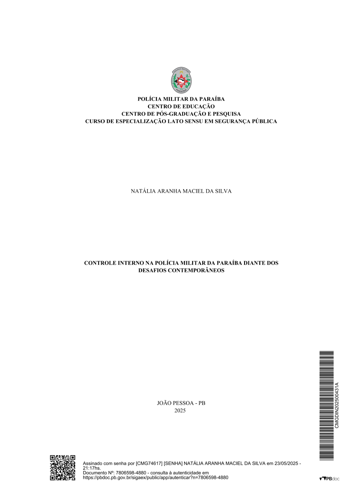 CONTROLE INTERNO NA POLÍCIA MILITAR DA PARAÍBA DIANTE DOS DESAFIOS CONTEMPORÂNEOS